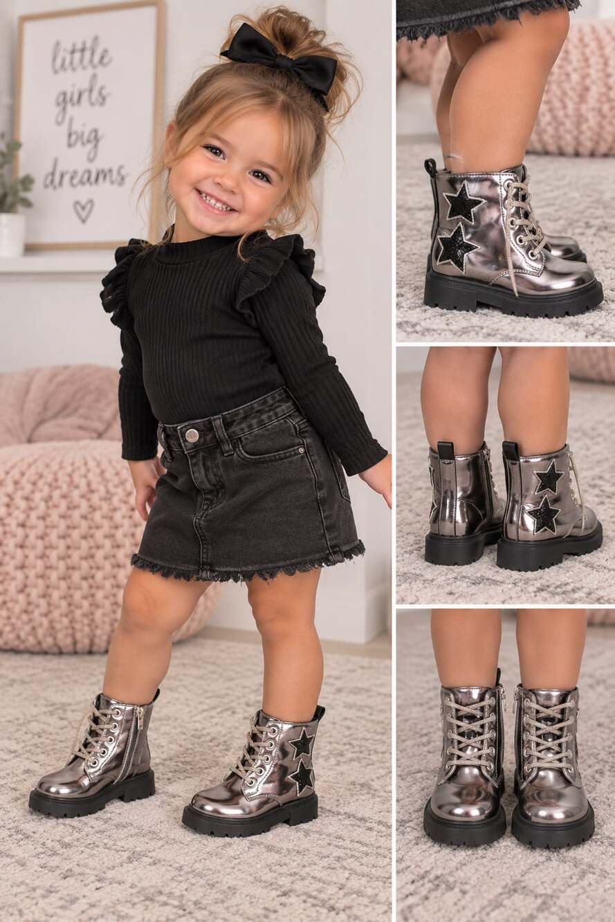 Rouge toddler girl Combat Boots Size 9 Silver Metallic Star Details